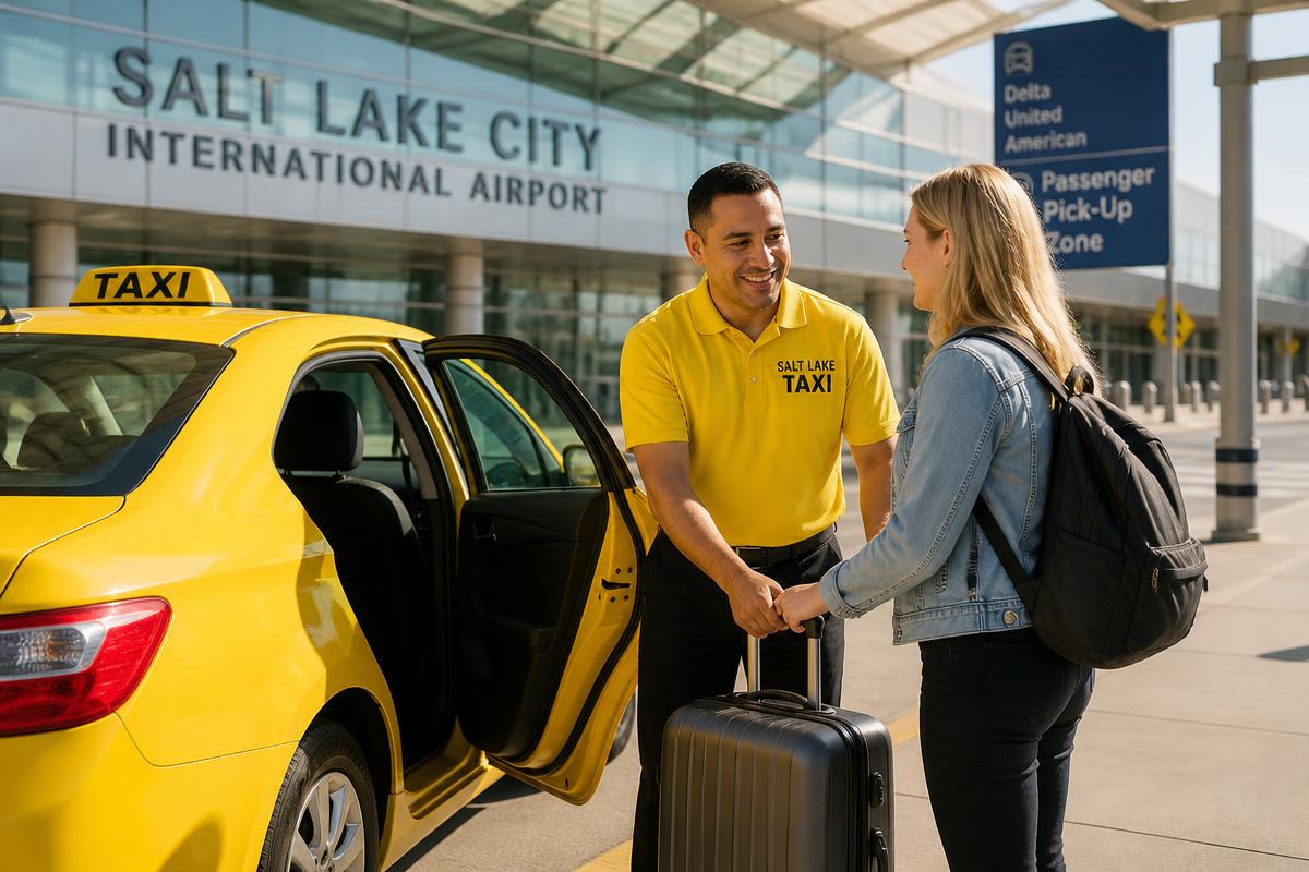 Airport taxi service with a professional driver assisting a traveler with luggage