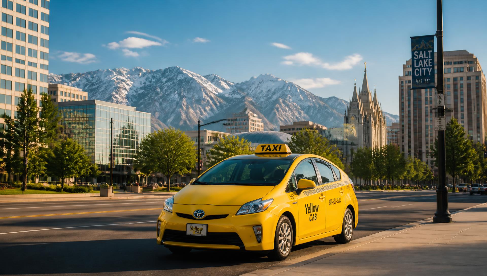 Yellow Cab taxi in Salt Lake City with the Wasatch Mountains in the background